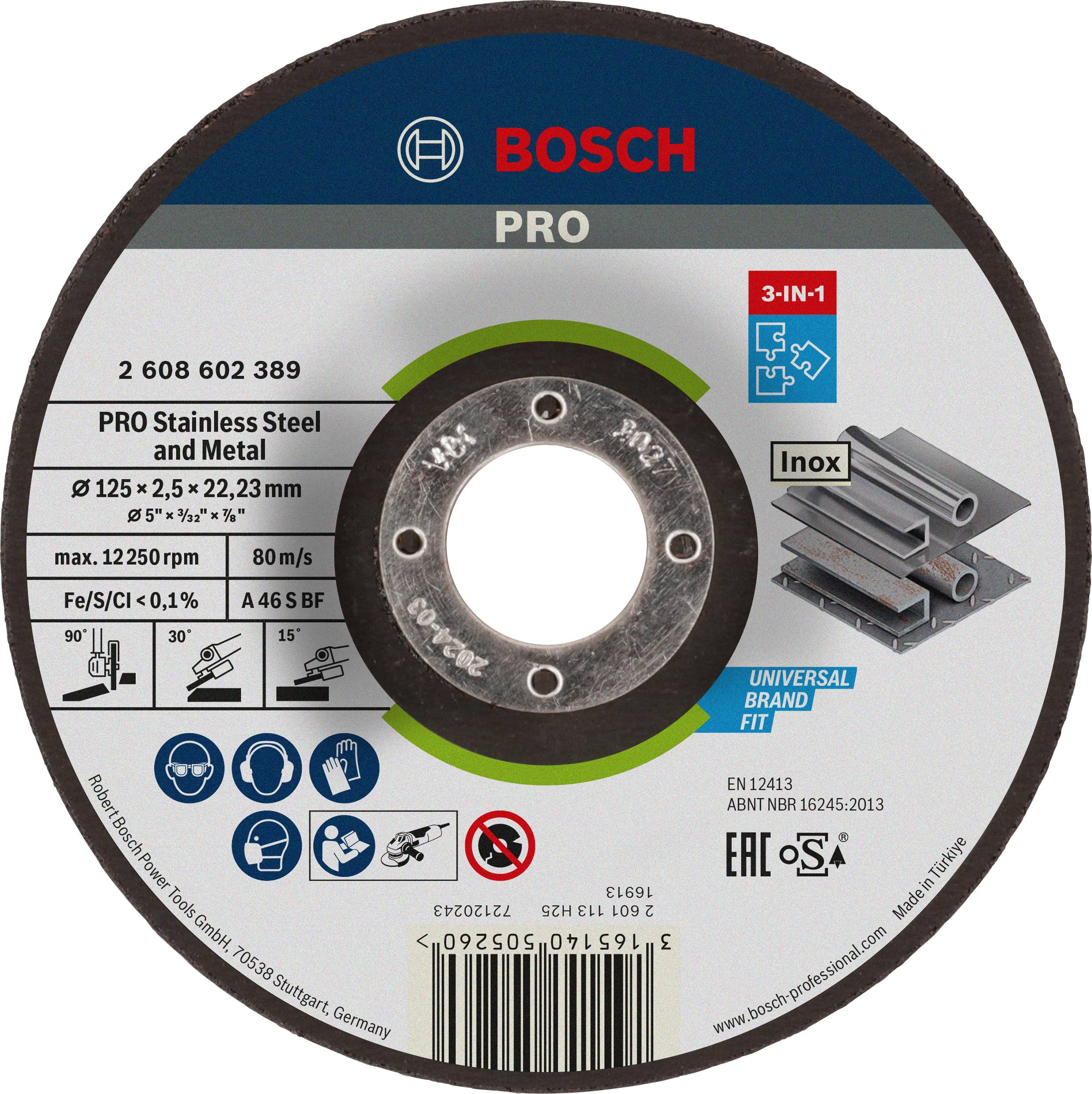 Schleifscheibe von Bosch, geeignet für Edelstahl und Metall. Durchmesser 125 mm, Dicke 2,5 mm, max. Drehzahl 12.250 U/min.