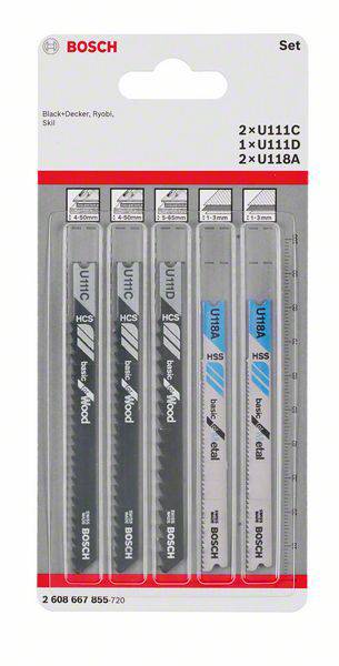 Verpackung mit fünf Bosch Stichsägeblättern, jeweils für Holz und Metall geeignet. Enthält zwei U111C, ein U111D, zwei U118A Blätter.