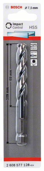 'Bosch' Metallbohrer 7,5 mm, Länge 109 mm, HSS, Impact Control, für präzises Bohren in harten Materialien. Verpackung zeigt Bohrer.