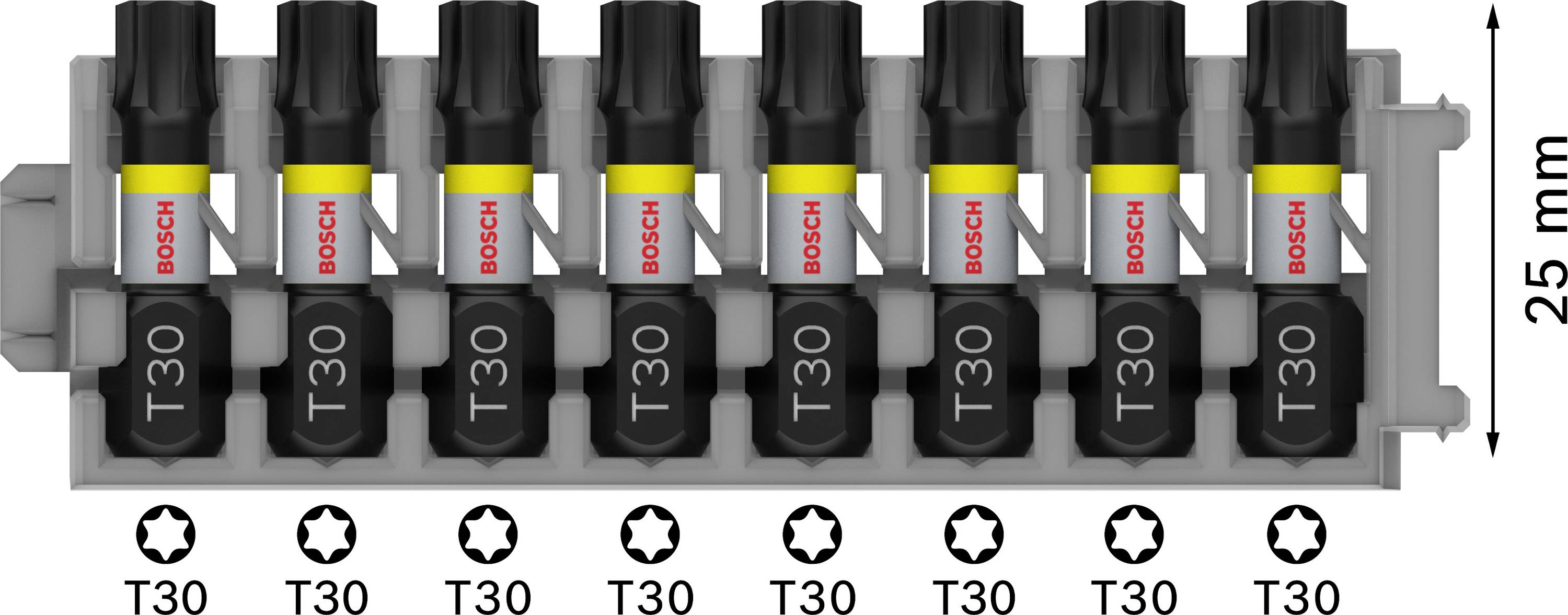 Acht Bosch T30-Bits in einer grauen Halterung, mit Torx-Köpfen unten angezeigt. Rechts ist eine 25 mm Skala dargestellt.