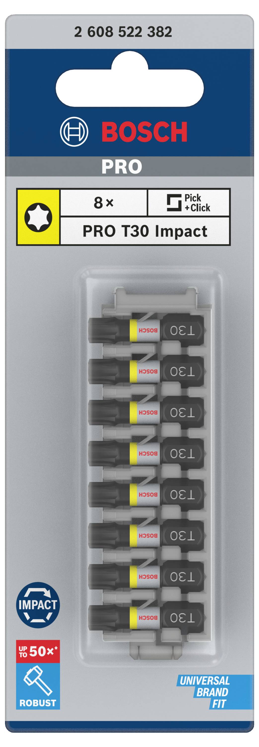 Verpackung mit 8 Bosch PRO T30 Impact Bits, robust und universell passend.