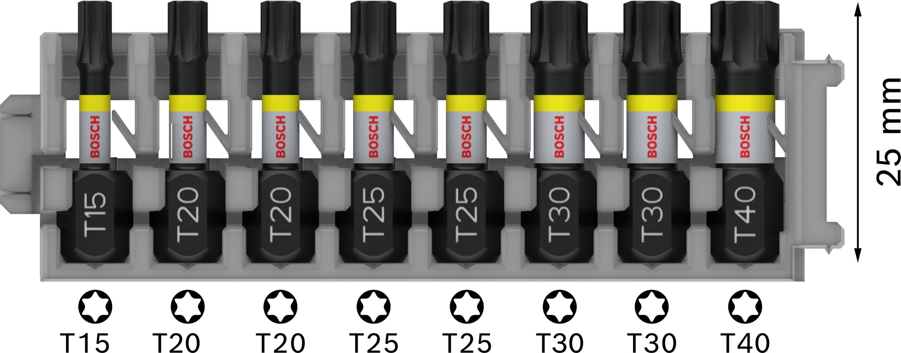 Ein Set von acht Bosch Schraubendreherbits in einem Halter. Bits sind gekennzeichnet von T15 bis T40. Höhe des Halters: 25 mm.