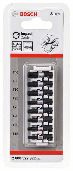 Verpackung von Bosch Impact Control Schraubendreher-Bits, T15-T40, 8 Stück. Robust für schwere Anwendungen geeignet.