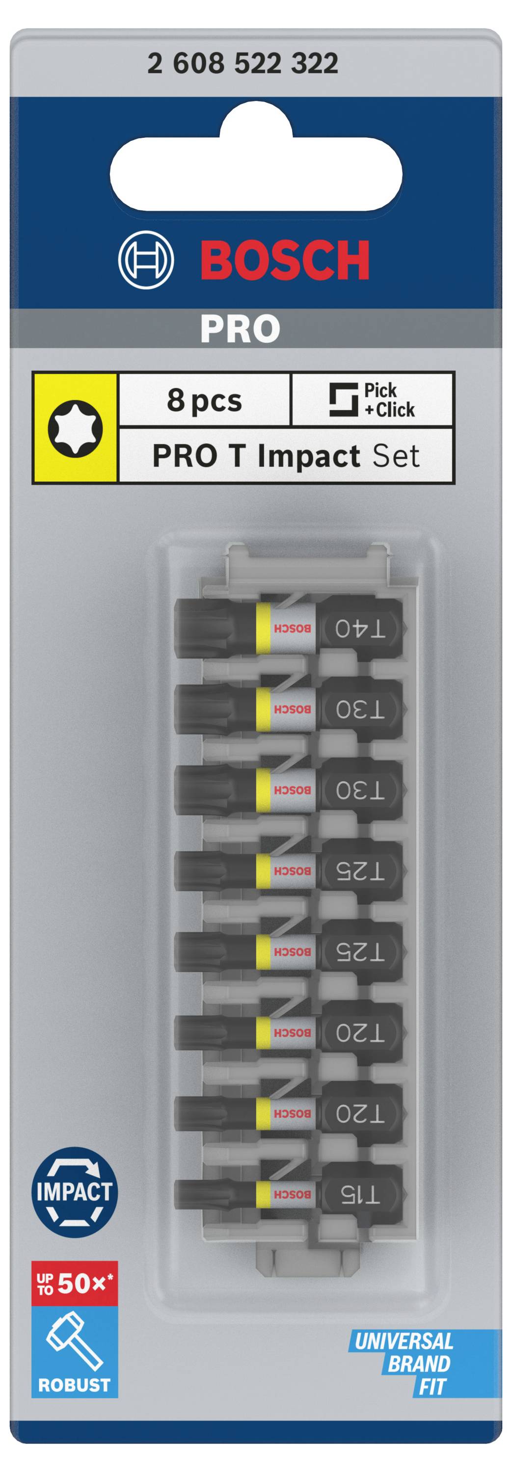 Verpackung eines Bosch PRO T Impact Bit-Sets mit 8 Bits, geeignet für verschiedene Schraubanwendungen, auf einer blauen Hintergrundkarte.