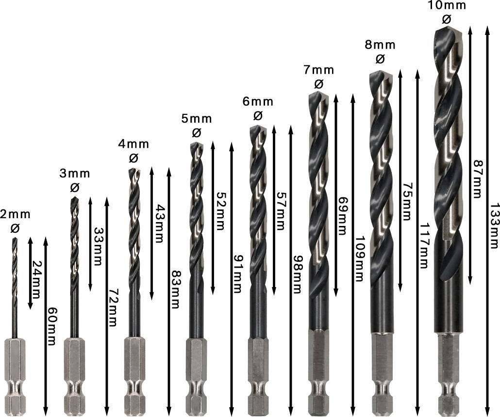 Ein Satz Bohrer mit unterschiedlichen Durchmessern (2mm bis 10mm) und Längen (von 60mm bis 133mm), aufrecht stehend in einer Reihe.