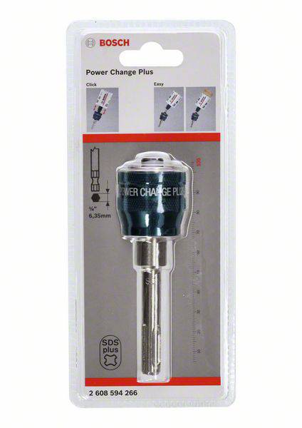 Bohraufsatz-Halter von Bosch, 'Power Change Plus', kompatibel mit SDS plus. Verpackung zeigt Produktbild und technische Details.