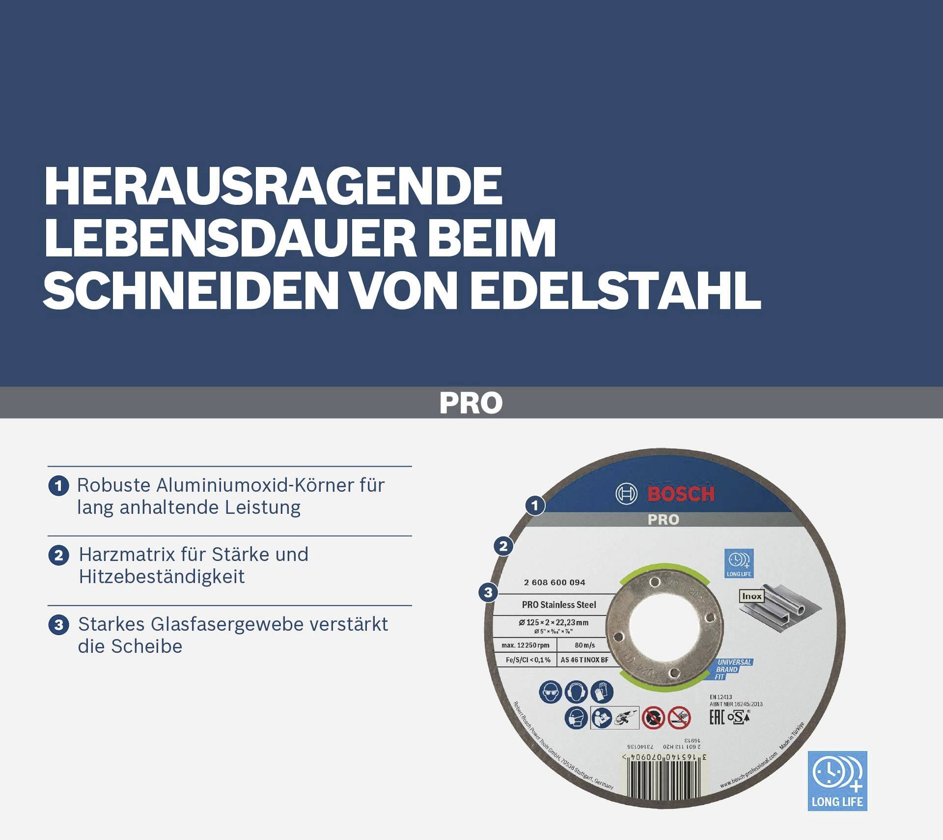 Eine Trennscheibe mit robustem Aluminiumoxid für langen Einsatz bei Edelstahl. Starke Glasfaserverstärkung für zusätzliche Haltbarkeit.