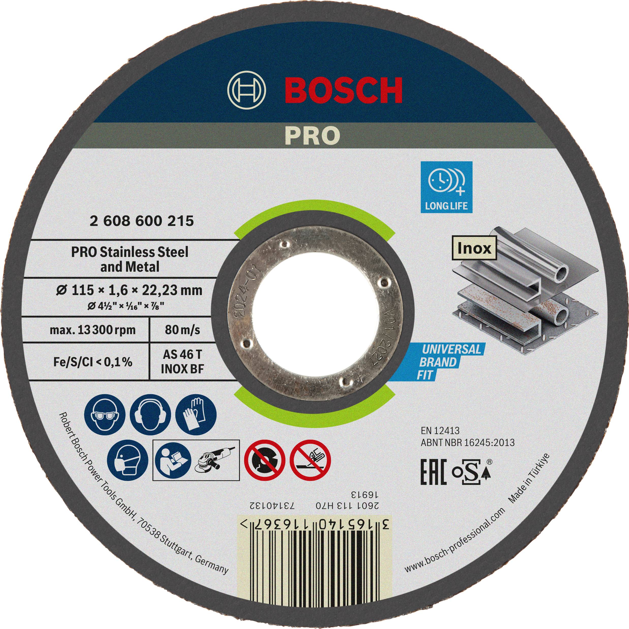 'Bosch PRO' Trennscheibe für Edelstahl und Metall, Durchmesser 115 mm, Dicke 1,6 mm, Loch 22,23 mm, max. 13300 U/min, 80 m/s.