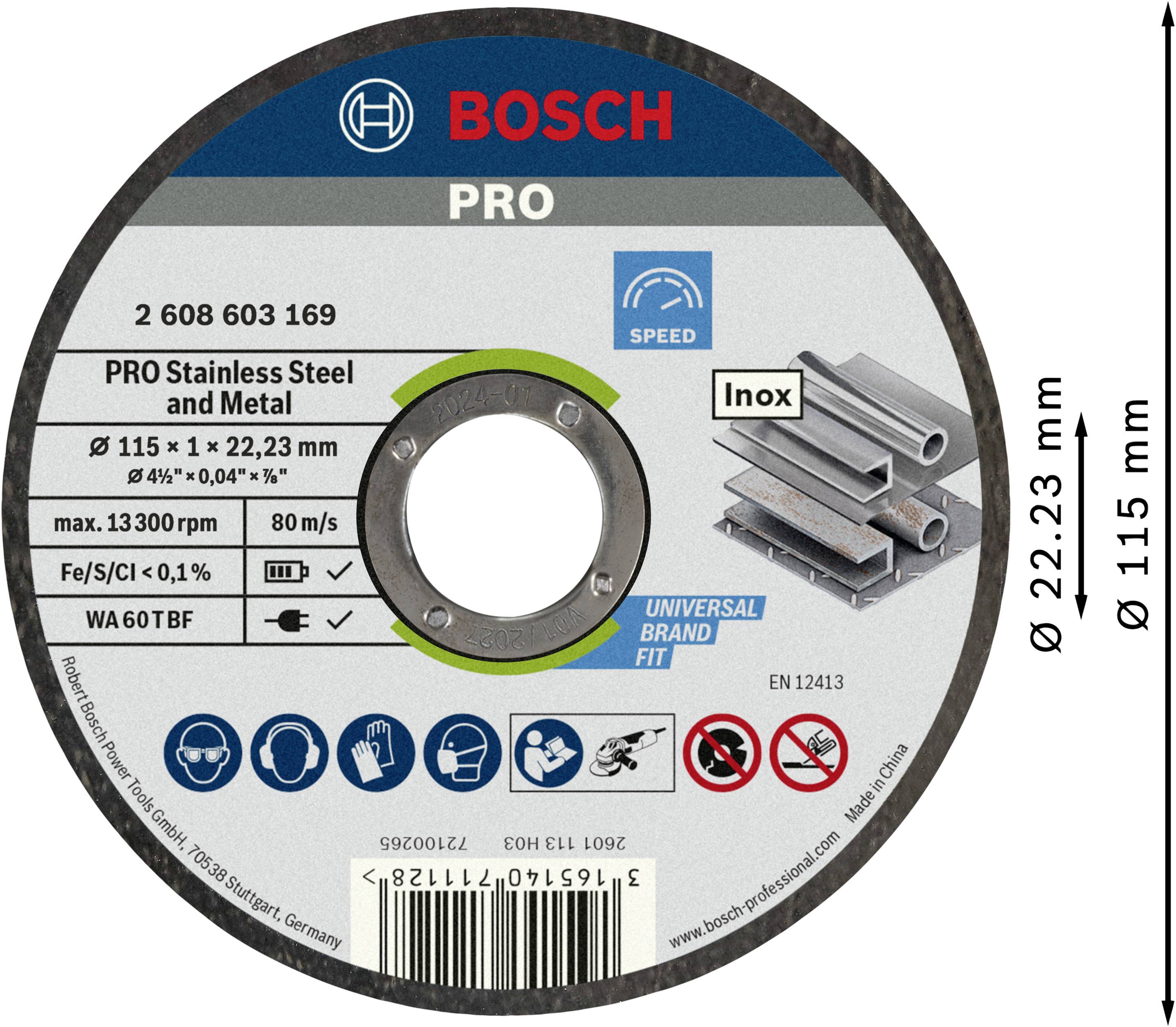 Schleifscheibe von Bosch für Edelstahl und Metall, Durchmesser 115 mm, Dicke 1 mm, mit maximaler Drehzahl von 13.300 U/min.