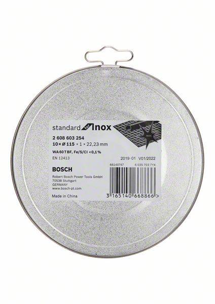 Runde silberne Trennscheibe von Bosch. Aufschrift zeigt Maße: '115 mm x 1 mm', Material: 'WA 60 T BF', geeignet für Metalltrennung.