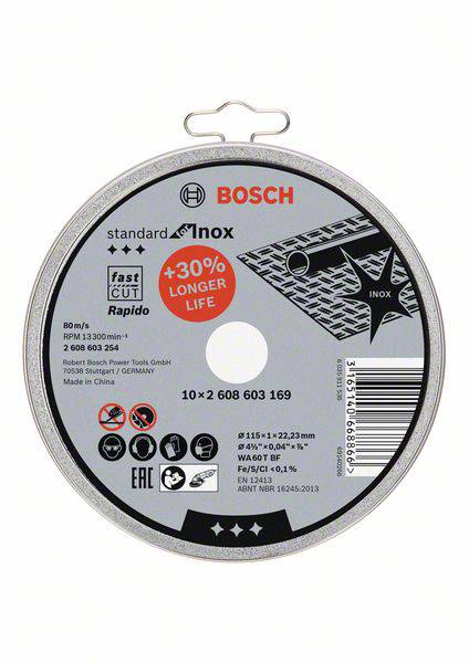 Schleifscheibe für Metall, Bosch Marke, mit Beschriftungen zu Schnitthaltigkeit, Langlebigkeit und technische Details.