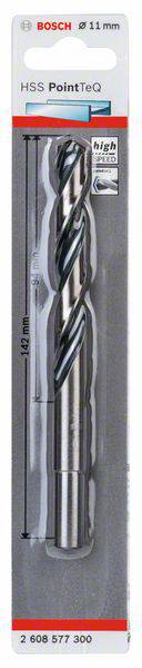 Bohrer von Bosch, 11 mm, im Blisterpack. Aufschrift: 'HSS PointTeQ'. Mit Längenangabe: 147 mm. Eignet sich für Metallbearbeitung.
