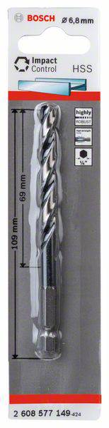 Bohrer von Bosch, geeignet für 6,8 mm Durchmesser, 109 mm Länge, HSS, mit Impact Control für hohe Beanspruchung. Verpackt.