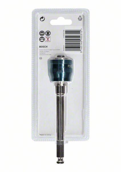 Verpacktes Bosch-Werkzeug, ein magnetischer Bithalter. Werkzeug ist in Hartplastik eingepackt; Barcodes und Symbole auf der Verpackung.