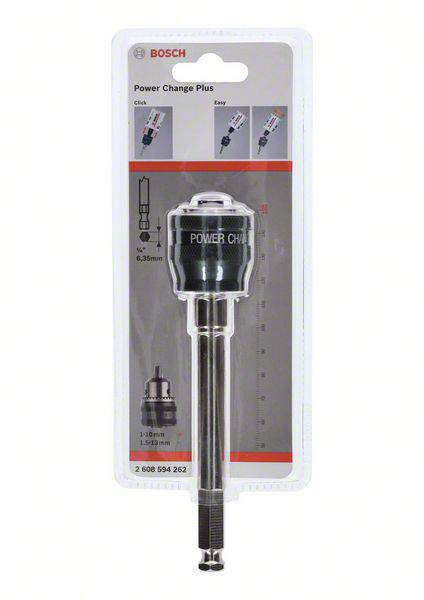 Bosch Power Change Plus Adapter in Verpackung, geeignet für Bohrer. Produktbild zeigt Adapter in Blisterverpackung mit Infografik.