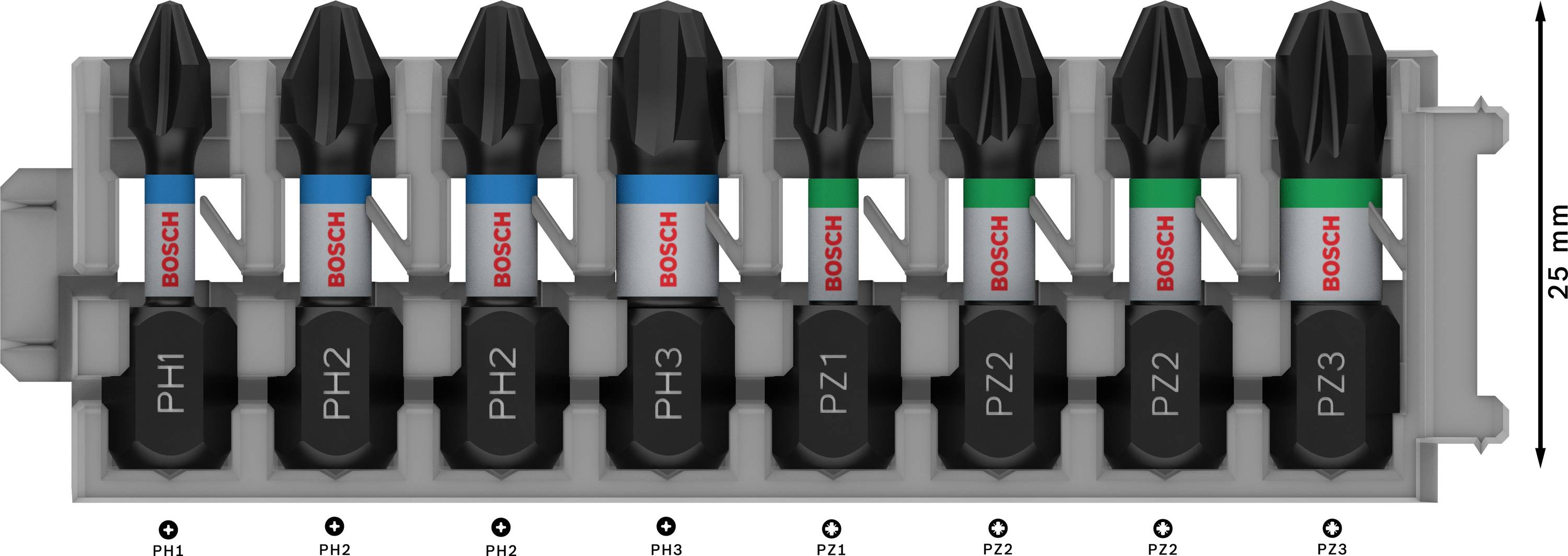 Bit-Set mit sieben Schrauberbits in einem Kunststoffhalter, gekennzeichnet mit den Typen PH1, PH2, PH3, PZ1, PZ2, PZ3 von Bosch.