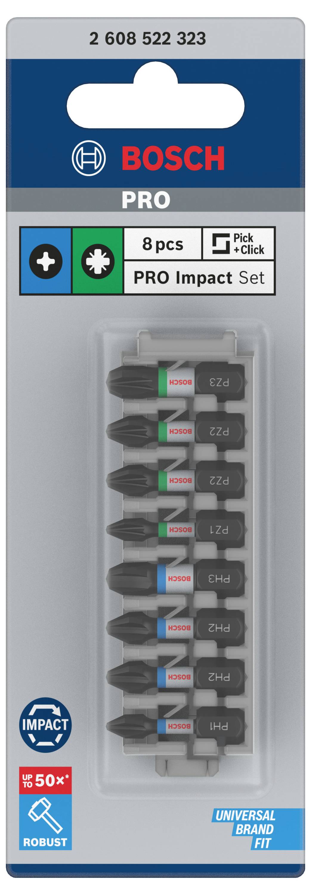 Bosch PRO Impact Set, 8 Stück, mit Aufschrift 'Pick and Click', Verpackung zeigt Schraubendreherbits, geeignet für verschiedene Anwendungen.