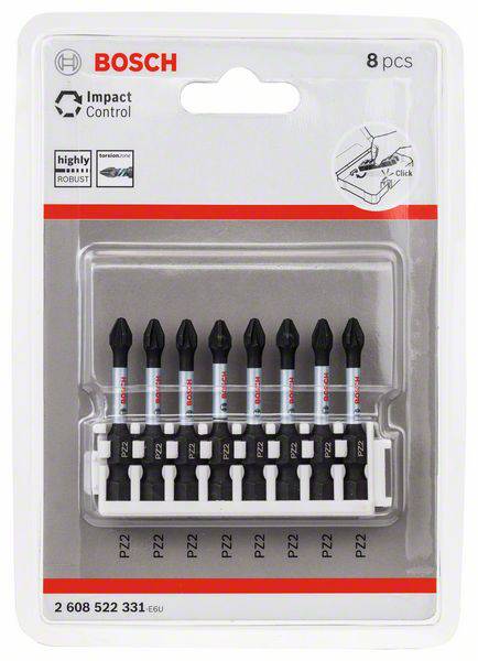 Bosch Schrauberbit-Set, 8-teilig, Impact Control, PZ2, in Blisterverpackung. Geeignet für robuste Einsätze mit Akkuschraubern.