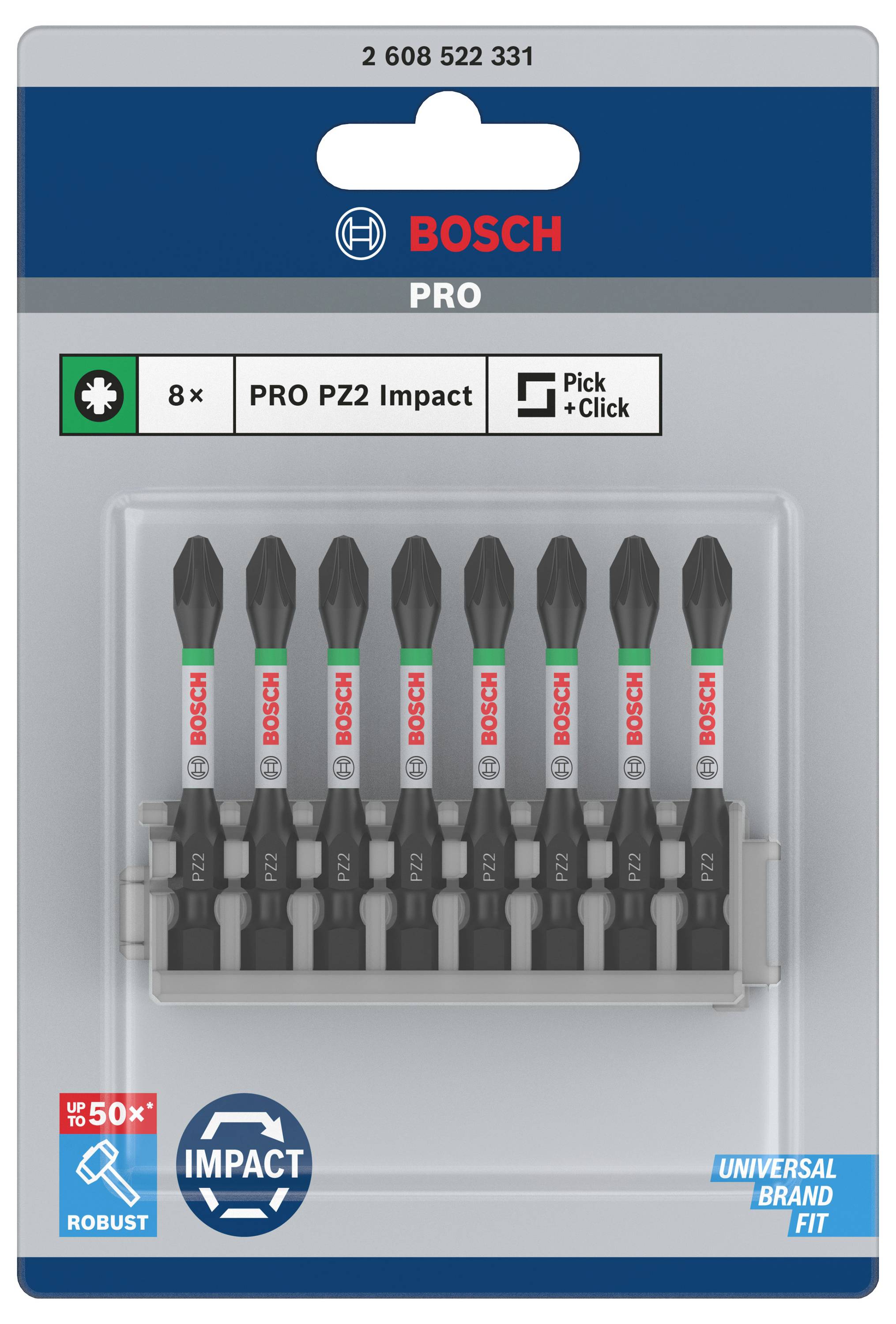 'Bosch Pro' Schraubendrehereinsätze, 8-teilig, 'PRO PZ2 Impact' Serie, geeignet für 'Pick+Click'-System, robuste Verpackung.