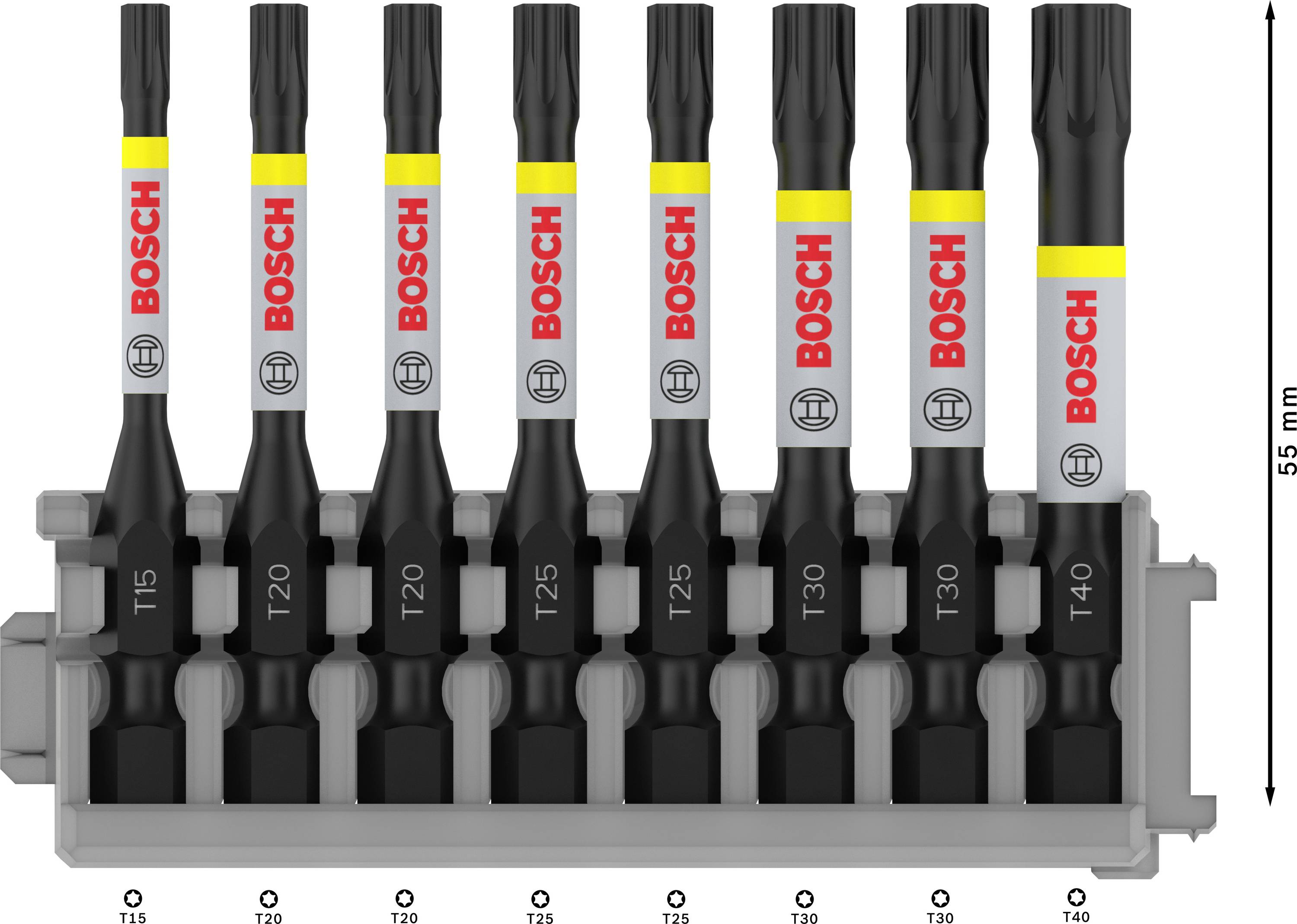 'Bosch Bit-Set': Sieben schwarze Bits aufgereiht in einer Halterung, Größen T15 bis T40. Jedes Bit ist mit 'Bosch' bedruckt. Links Größenanzeige 55 mm.