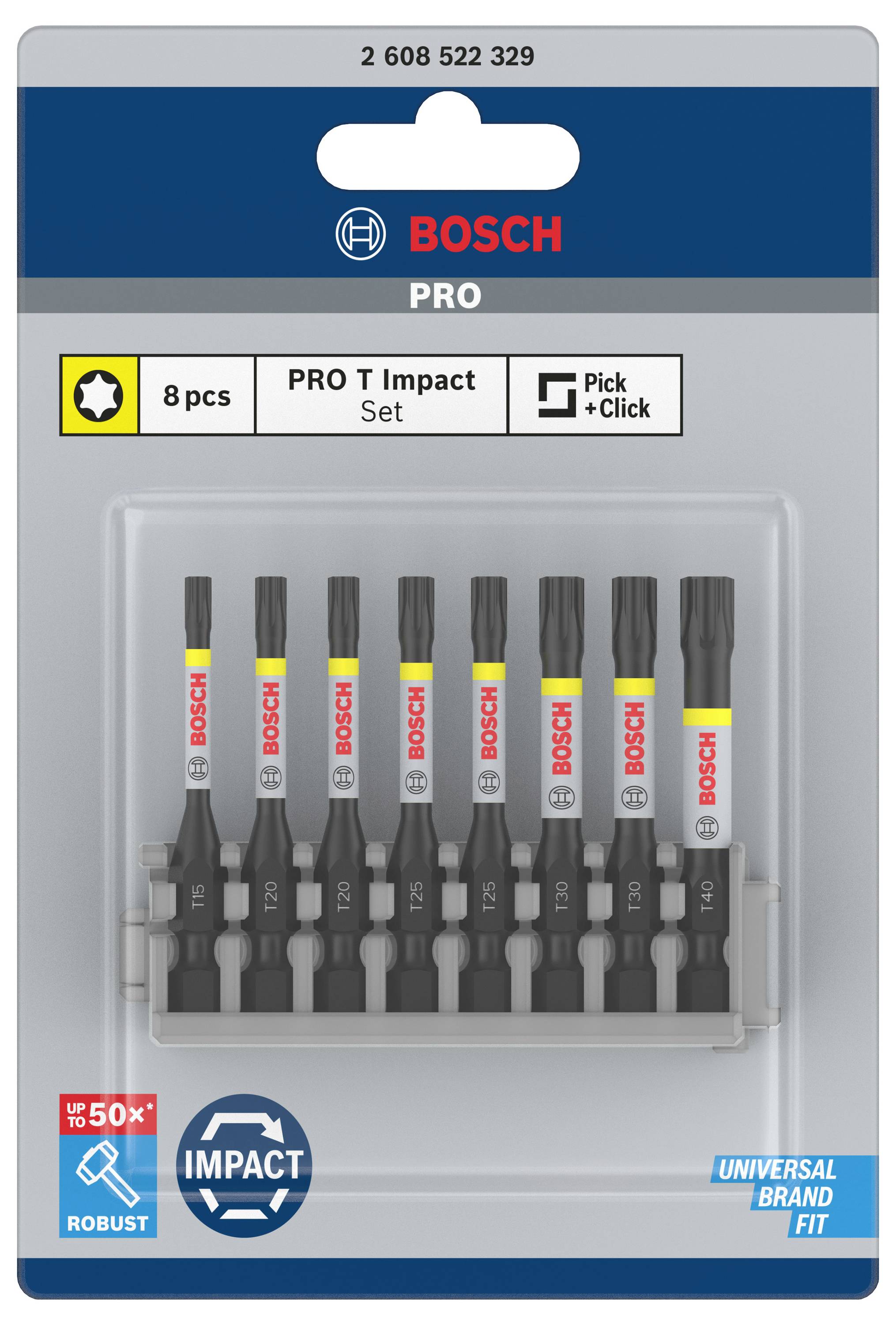 'Bosch PRO T Impact' Schrauberbits, 8 Stück im Set, Pick + Click System, geeignet für universelle Marken. Verpackung in Blister.