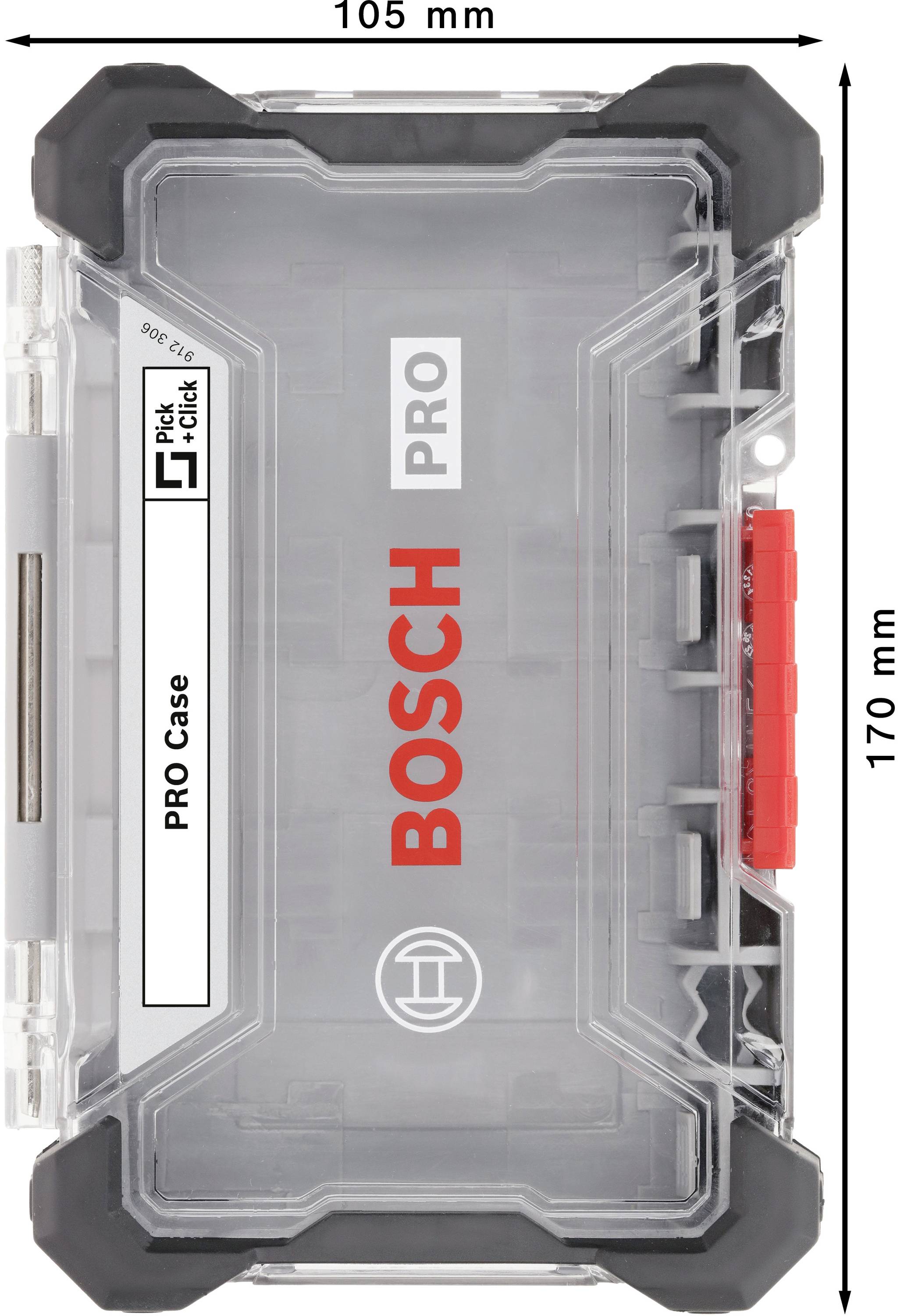 Durchsichtige Bosch PRO-Kunststoffbox, 105 mm x 170 mm, mit rotem Verschluss und 'Pick and click' Etikett.
