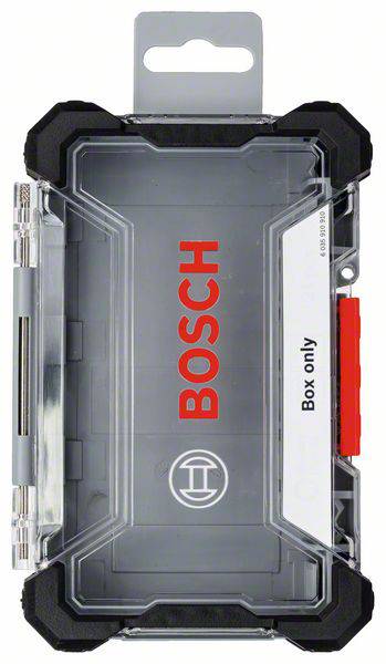 Durchsichtige Kunststoffbox von Bosch mit rotem Logo und grauer Schrift 'Box only'. Box hat schwarze Ecken und einen grauen Griff.