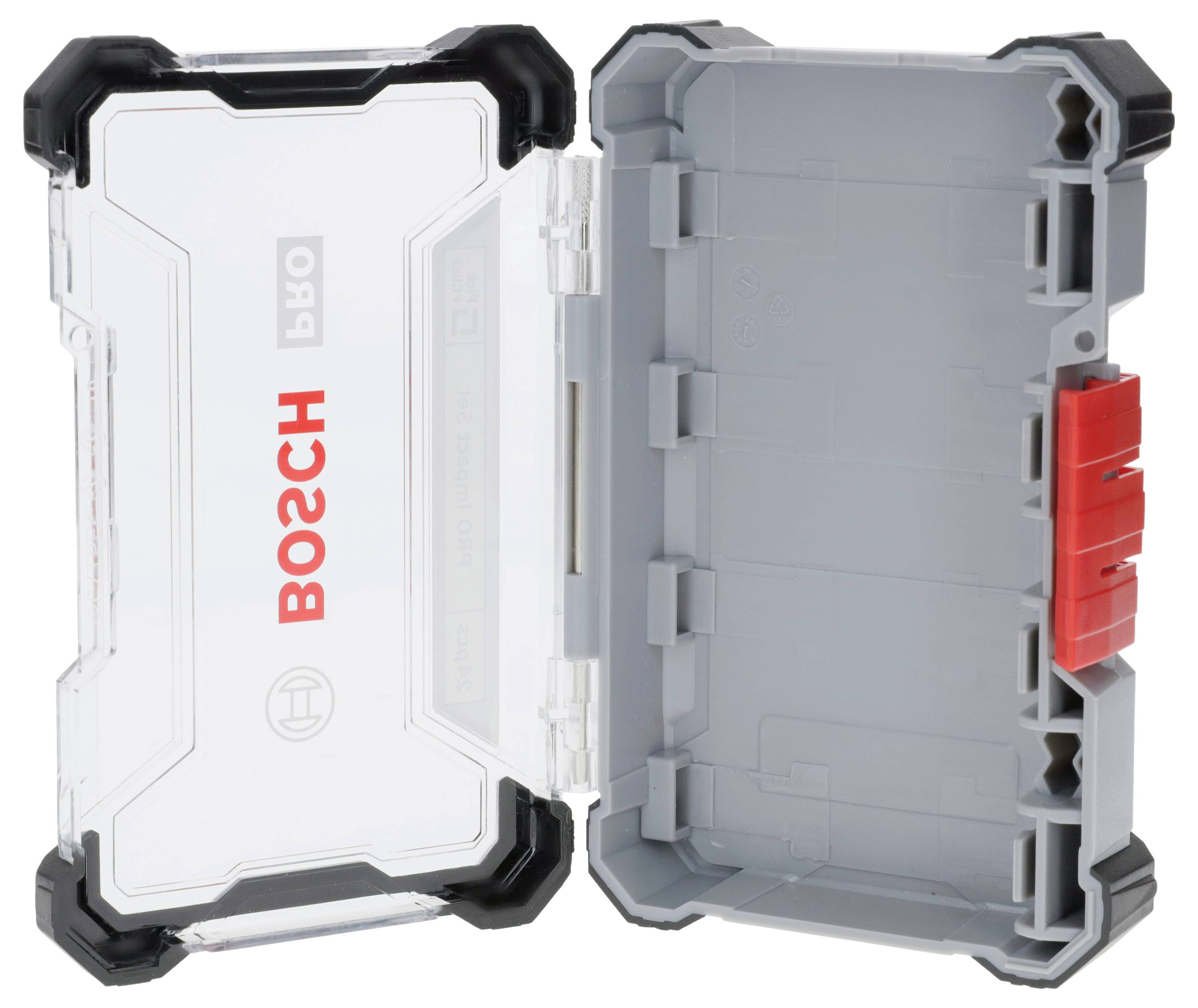 Offene graue Kunststoffbox, innen leer, mit transparentem Deckel mit rotem 'Bosch'-Logo.