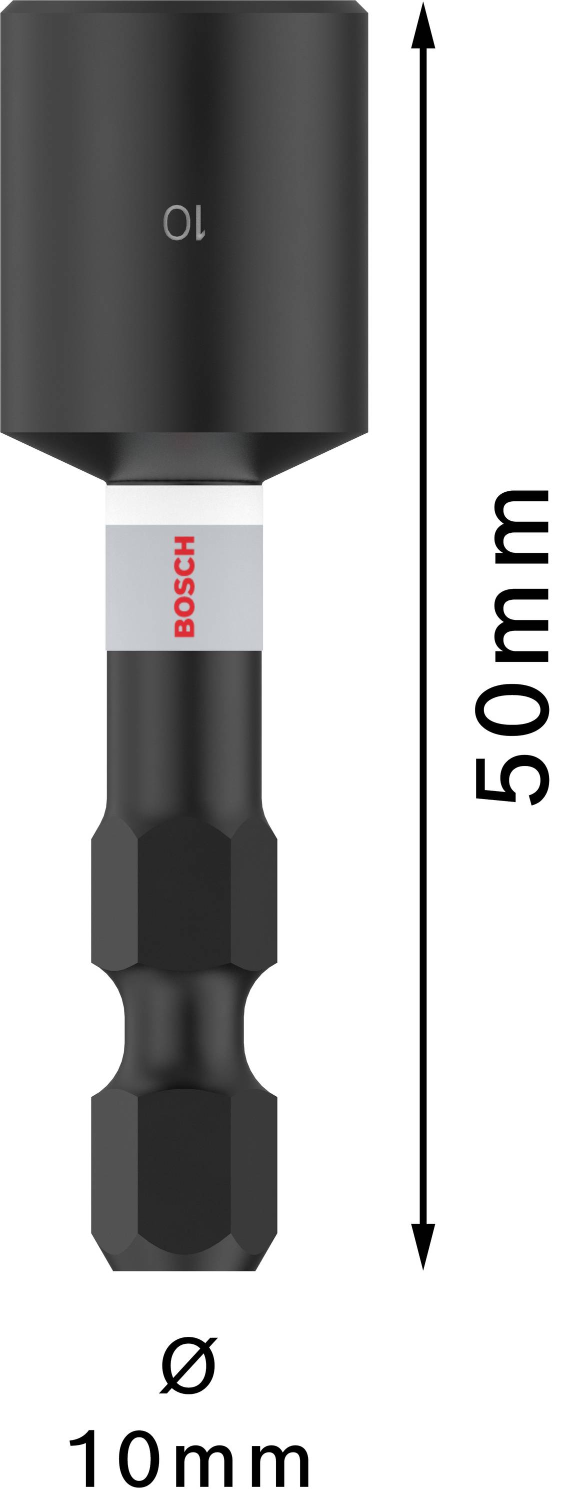 Steckschlüsselaufsatz 10 mm von Bosch, Länge 50 mm, schwarzes Design, mit rotem Bosch-Logo.