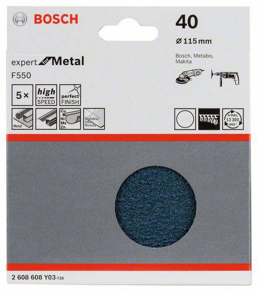 Schleifblatt Bosch F550, Körnung 40, Ø115 mm, für Metalle. Enthält Symbole für hohe Geschwindigkeit und perfektes Finish. Passt zu Bosch, Metabo, Makita.