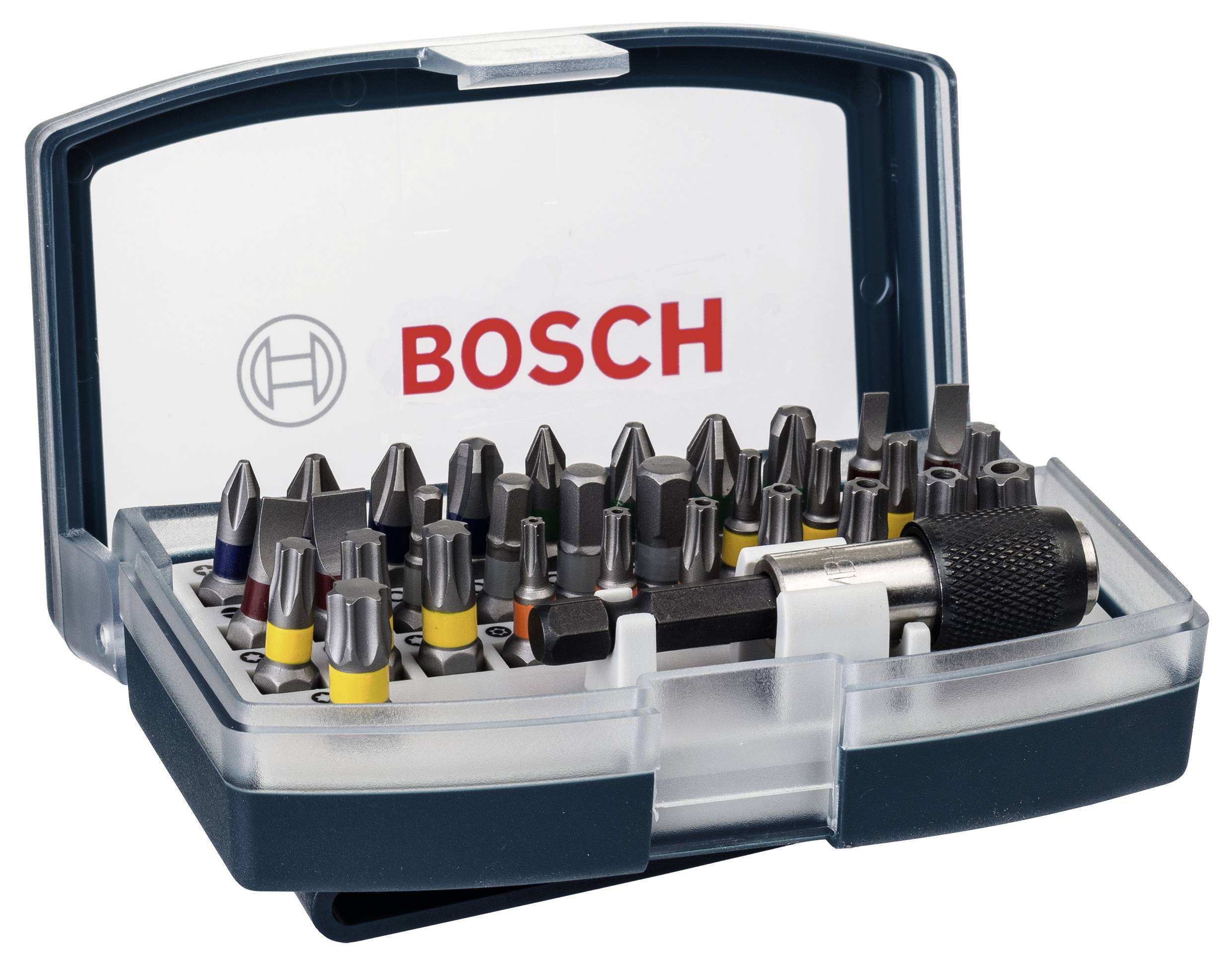 Werkzeugset mit Bits in verschiedenen Größen und Farben, mit einem Handgriff, in einer durchsichtigen Plastikbox mit 'Bosch'-Logo.