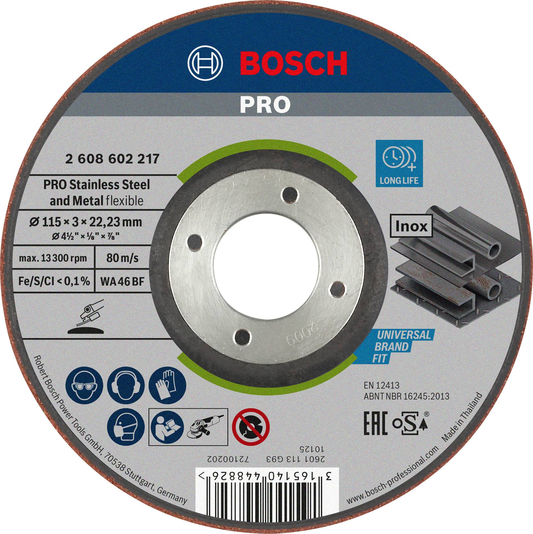 Schleifscheibe 'BOSCH PRO' für Edelstahl und Metall, 115x22,23 mm, max. 13.300 U/min, Universalbrand, für langlebige Anwendung.
