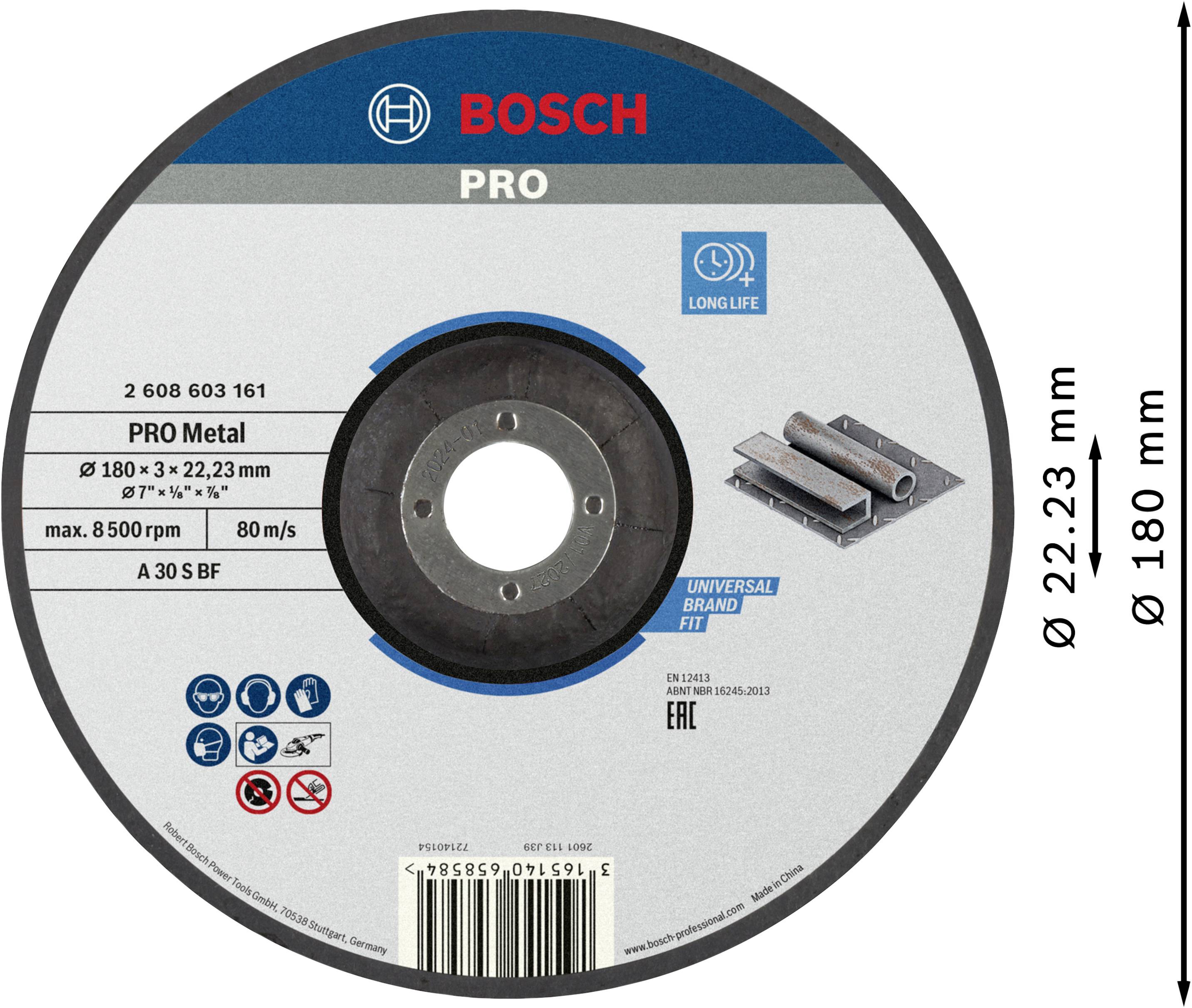 Eine runde Bosch Metallschneide-Scheibe mit 'Long Life' Aufdruck, Durchmesser 180 mm, Drehzahl max. 8500 U/min, für Pro Metal.