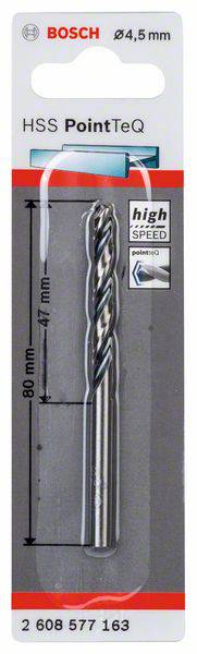 Verpackung eines Bosch HSS PointTeQ Bohrers, Durchmesser 4,5 mm, Länge 80 mm. Aufschrift: 'high speed', geeignet für Metall.