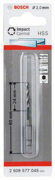 Bosch Impact Control HSS-Bohrer Ø 2,0 mm, Länge 60 mm, Arbeitslänge 24 mm, für Metallbohrungen.