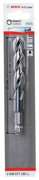 'Bosch Impact Control' Metallbohrer, HSS, 9,5 mm Durchmesser, 125 mm Gesamtlänge, Verpackung mit Produktabbildung und Logo.