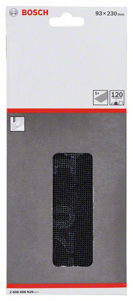 Verpackung einer Bosch Schleifgitter, Größe 93 x 230 mm, Körnung 120, enthält 5 Stück.
