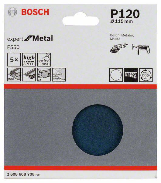 Schleifpapier-P120-Blatt von Bosch für Metall, 115 mm, 5er-Pack. Kompatibel mit Bosch, Metabo, Makita. Ideal für Hochgeschwindigkeit.
