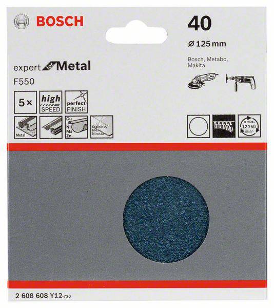 Schleifscheibe-Verpackung: 'Bosch', 125 mm, für Metall, Körnung 40, geeignet für Bosch, Metabo, Makita. Enthält Symbol für Winkelschleifer.