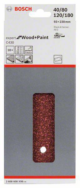 Verpackung von Bosch Schleifpapier, geeignet für Holz und Farbe. Maße 93x230 mm, Körnungen 40/80, 120/180. Enthält 10 Stück.