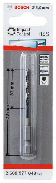 'Bosch' Bohrer für Metall, 3,0 mm Durchmesser, Impact Control, HSS, mit einer Länge von 72 mm und 33 mm Arbeitslänge, in Verpackung.