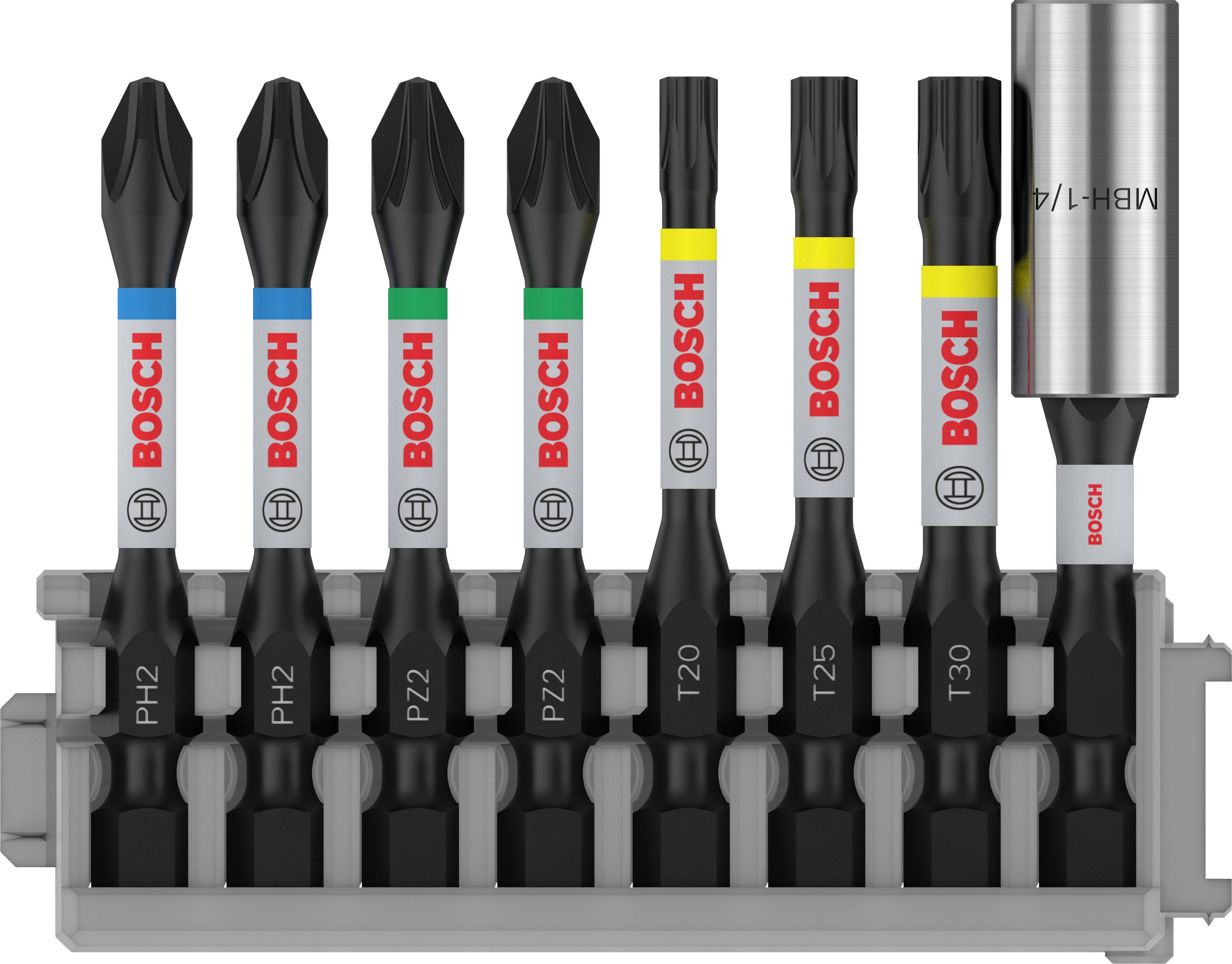 Bosch Schraubendreher-Bit-Set mit sieben Bits in verschiedenen Farben zur Typenkennzeichnung. Enthält Halter und Größenangaben.