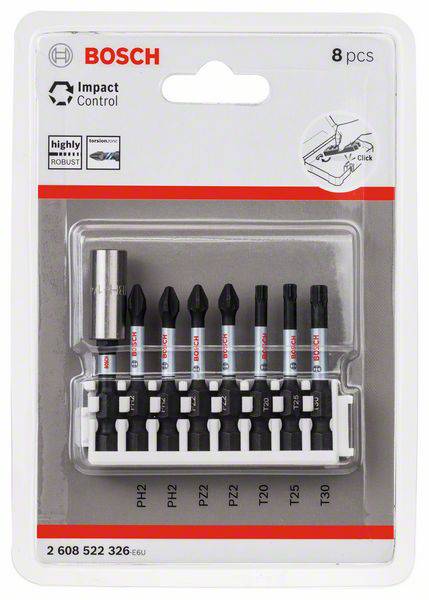 Ein Set von 8 Bosch Impact Control Schrauberbits, verpackt in einer Blisterverpackung, geeignet für robuste Anwendungen.
