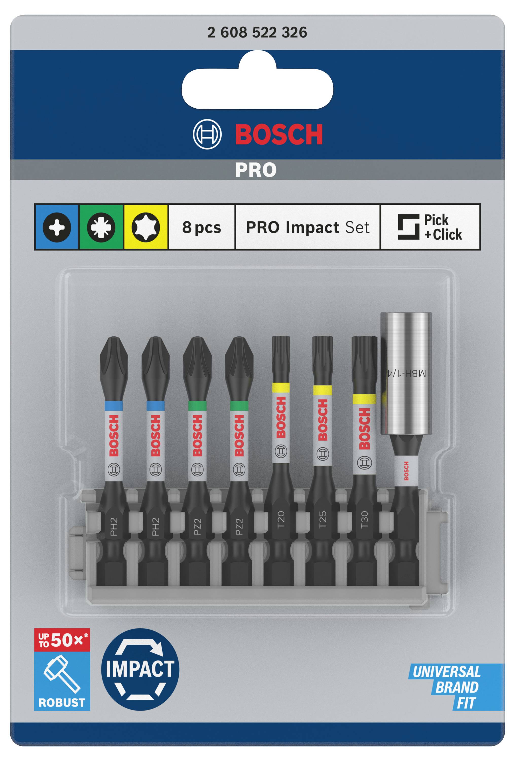 Ein Bosch PRO Impact Set mit 8 Teilen für Schraubendreher. Enthält verschiedene Aufsätze. Verpackung zeigt 'Pick + Click'.