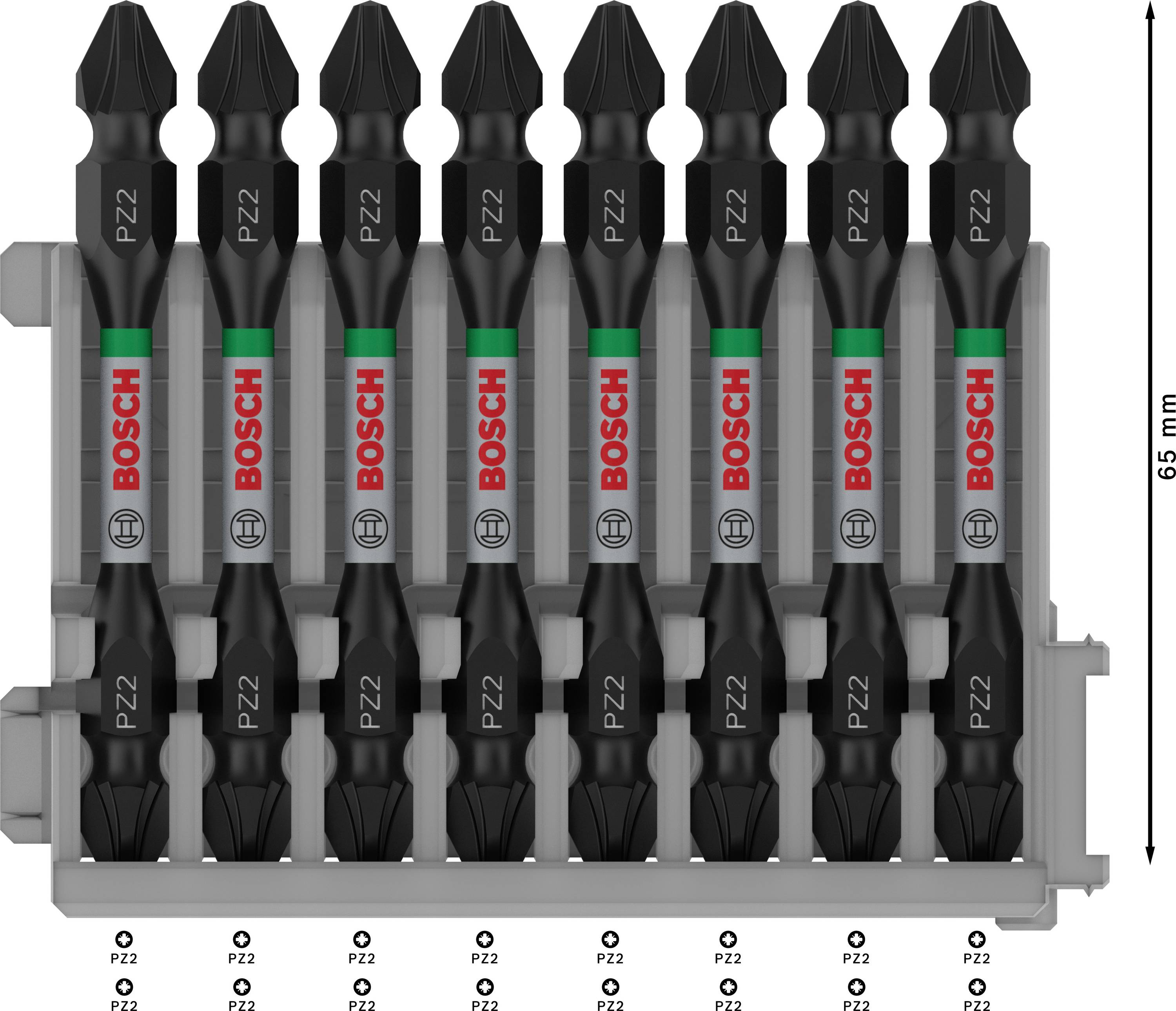 'Bosch Schrauberbit-Set mit 10 PZ2-Bits, magnetisch. Auf einem grauen Halter präsentiert, jeder Bit ist mit 