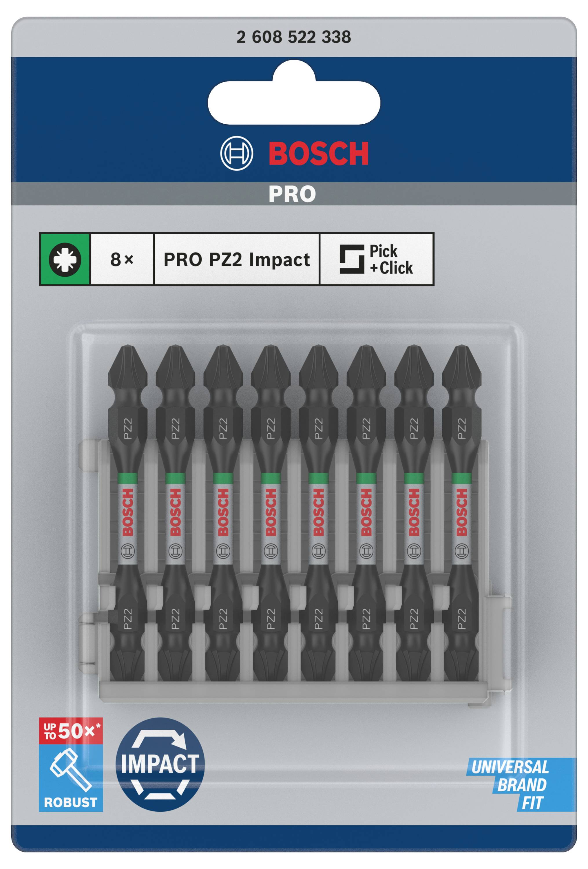 Acht schwarze Bosch Schraubendreher-Bits mit rotem und grünem Logo 'PRO PZ2 Impact' in transparentem Plastikgehäuse.