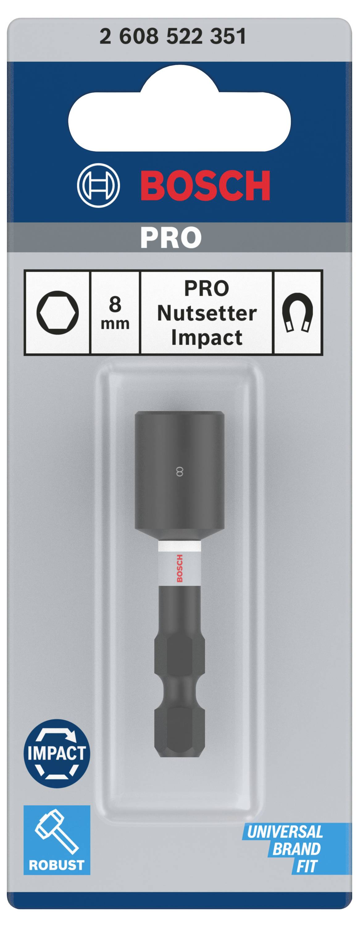 Bohreraufsatz in Verpackung, markiert mit 'Bosch Pro', geeignet für 8 mm Muttern. Beschriftet mit 'Impact' und 'Universal Brand Fit'.