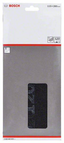 Verpackung von Bosch-Schleifpapier, Maße 115 x 280 mm, Körnung 120, für Schleifmaschinen, graue Farbe mit Sichtfenster.