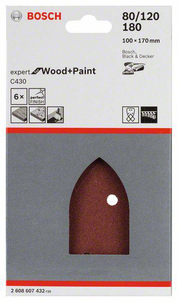 Verpackung eines Bosch Schleifpapiersets, geeignet für Holz und Farbe, Körnung 80/120/180, 6 Stück, Maße 100 x 170 mm. Enthält Symbole für kompatible Werkzeuge.