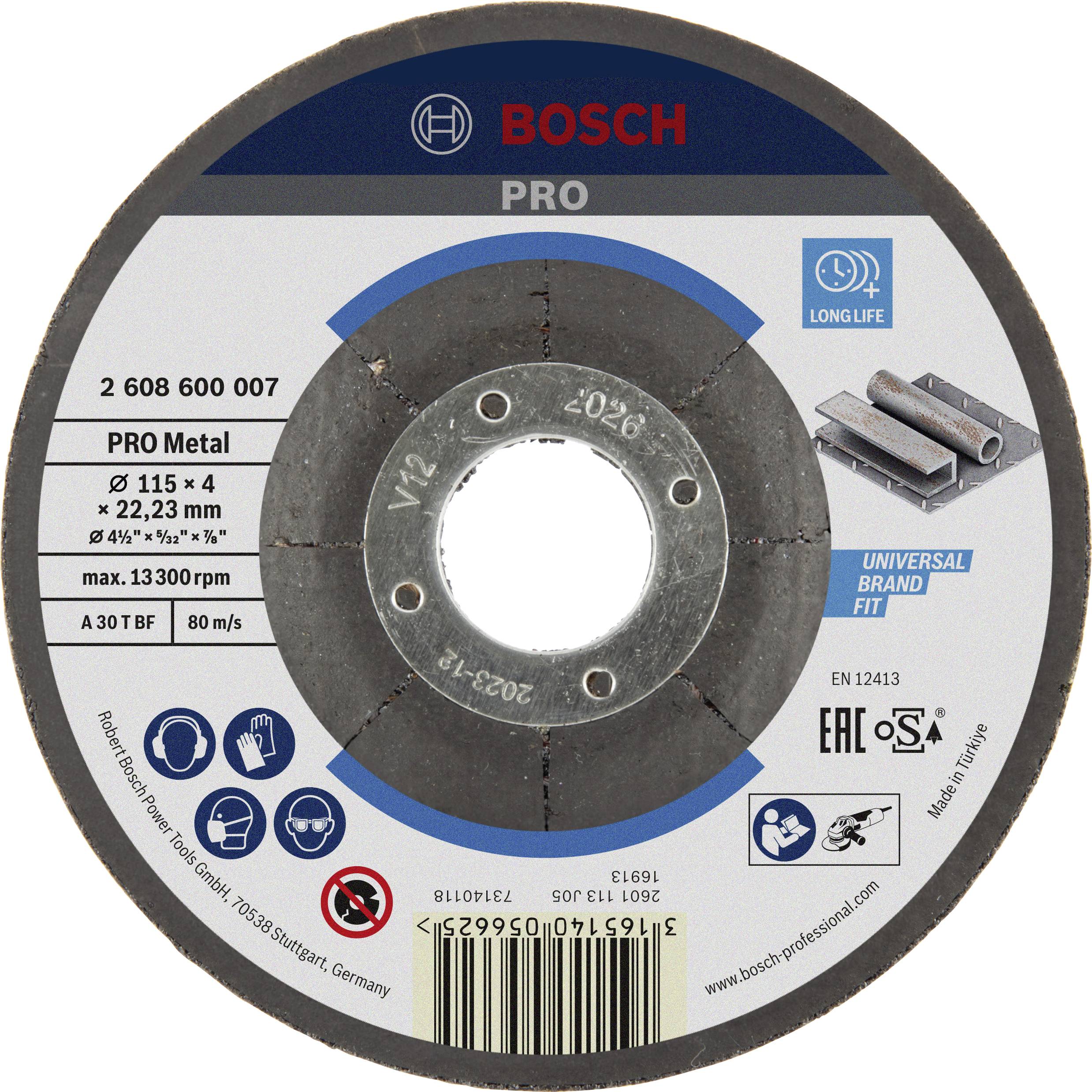 Bosch PRO Trennscheibe für Metall, Durchmesser 115 mm, Dicke 4 mm, Bohrung 22,23 mm, maximale Drehzahl 13.300 U/min, EN 12413.
